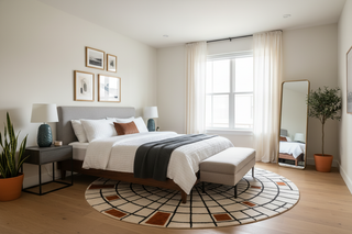 modern bedroom stylish with a rug visible