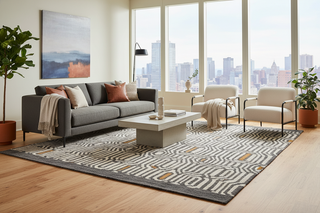 modern living area with a rug