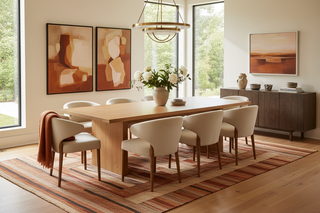 modern warm dining room with a rug visible 